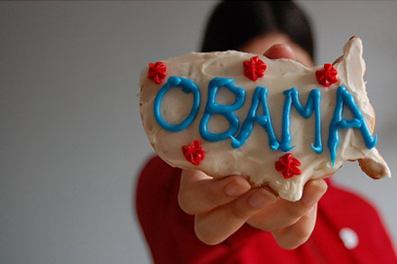 Barack Obama supporter sports an Obama cookie
