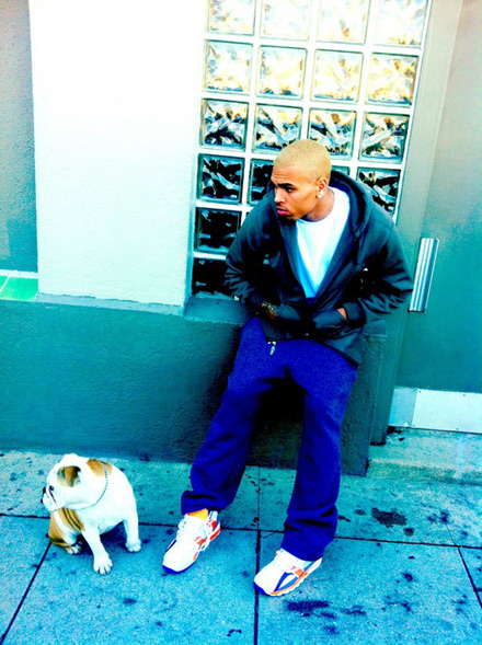 Chris Brown with his new blonde hairdo and his little bulldog/security team
