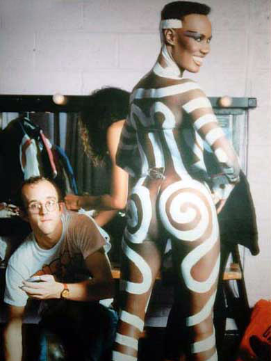 Grace Jones - striped body shot with Keith Harring