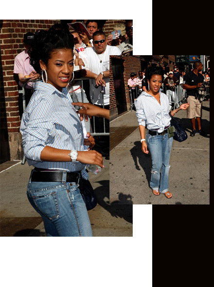 Keyshia Cole in jeans and striped shit, leaving The David Letterman Show