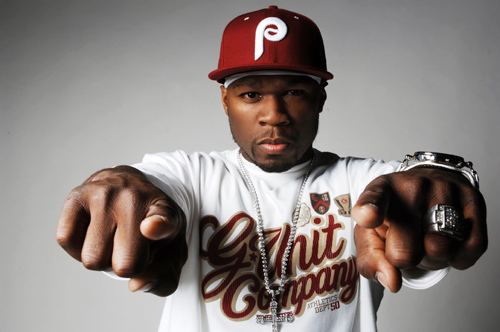50 Cent wearing a burgundy Phillie's baseball cap