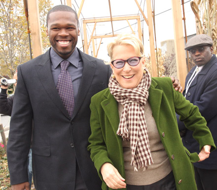 50 Cent and Bette Midler at community garden opening in Jamaica, Queens