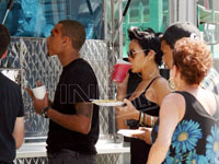 Chris Brown and Rihanna get food from snack truck on Bone Deep set