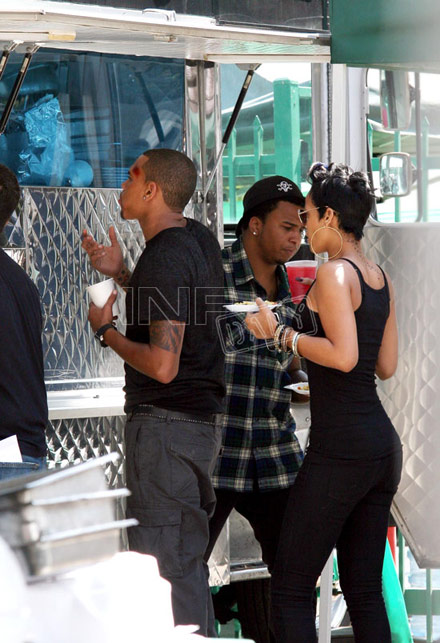 Chris Brown and Rihanna at a snack truck on Bone Deep set