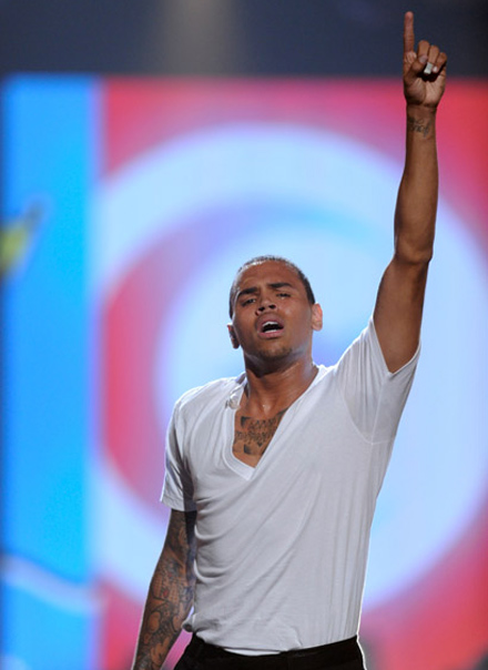 Chris Brown crying, one finger in the air at the 2010 BET Awards