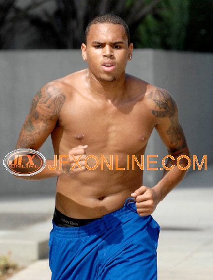 Chris Brown jogging shirtless in Beverly Hills - close up