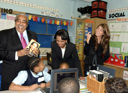 Charlie Rangel and Condoleezza Rice at Harriet Tubman school in Harlem NY