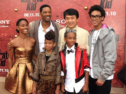 Will and Jada Pinkett-Smith, Jaden, Willow, Trey and Jackie Chan at Karate Kid premiere