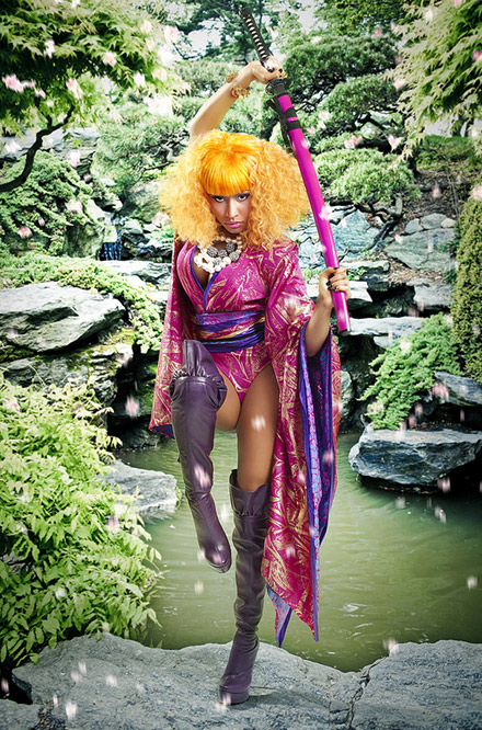 Nicki Minaj, wearing a pink kimono and drawing a sword - Samurai Nicki