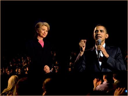 Barack Obama and Hillary Clinton on a photoshopped Hollwood stage