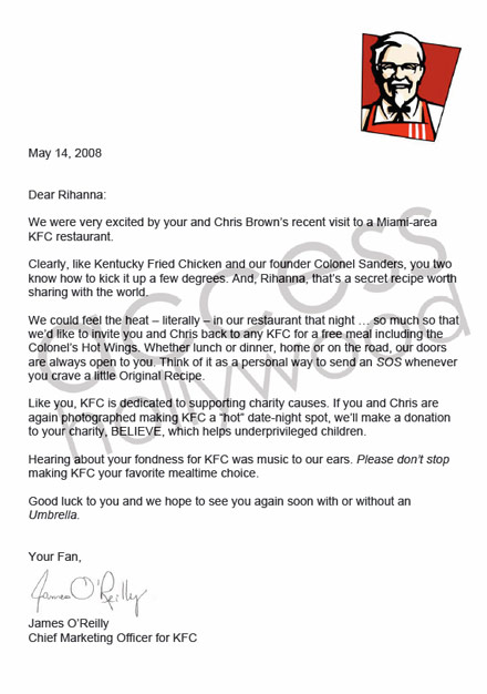 KFC's thank you letter to Rihanna and Chris Brown